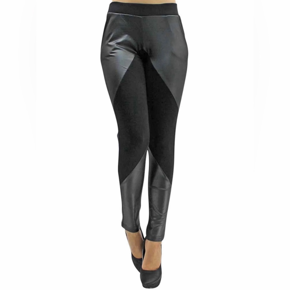 Yelete Black Faux Leather Panel Leggings High Waisted Size M/L